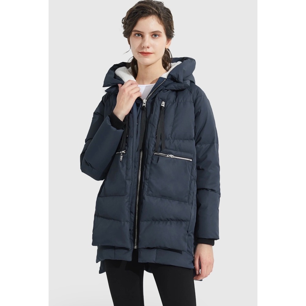 Orolay Down Jacket Navy Puffer Coat Sherpa Hooded Side Zip Women's M Pockets